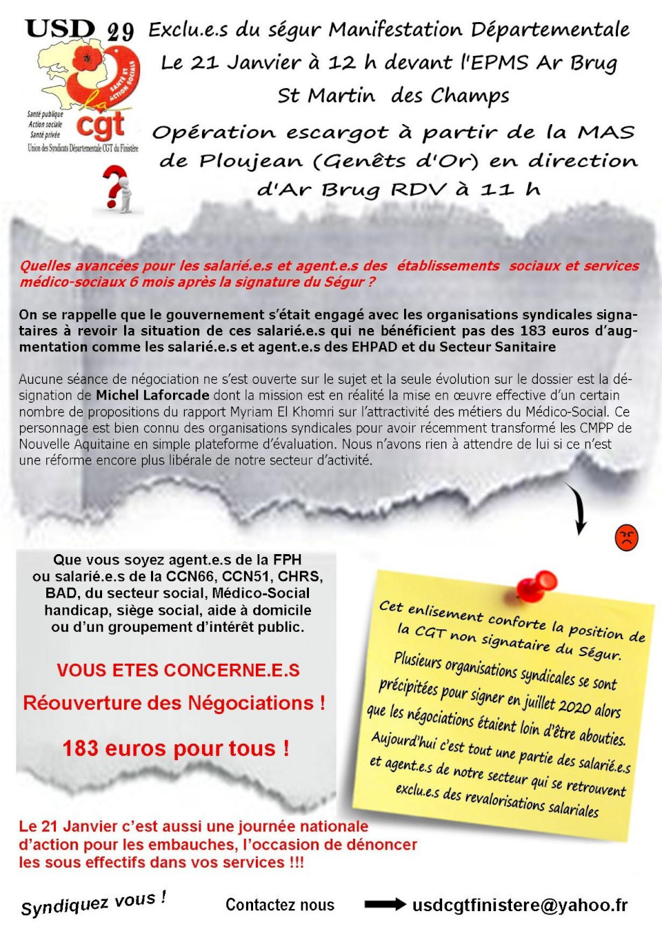 Exclu.e.s du ségur Manifestation Départementale  Le 21 Janvier à 12 h devant l'EPMS Ar Brug  St Martin  des Champs