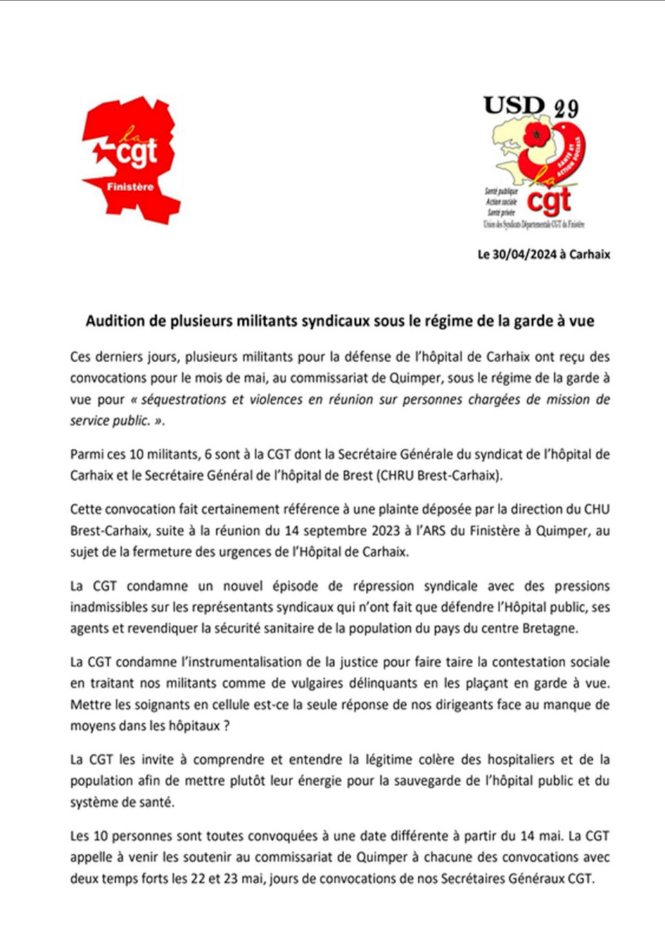 Audition de plusieurs militants syndicaux du secteur de la Santé sous le régime de la garde à vue / Finistère 